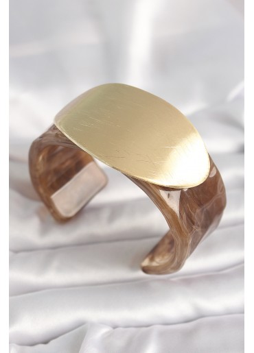 Erb Kahverengi Mermer Desen Akrilik Plastik Gold Oval Plaka Model Vintage Kadın Bilezik
