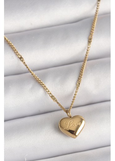 Erb 316L Çelik Gold Renk Zincir Love İşlemeli Kalp Figür Kadın Kolye