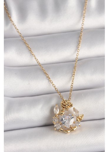Erb 316L Çelik Gold Renk Zincir Zirkon Taşlı Kalp Model Gül Detay Kadın Kolye