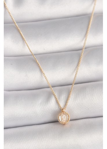 Erb Pirinç Gold Renk Zirkon Taşlı Daire Kafes Model Kadın Kolye