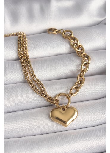Erb 316L Çelik Gold Renk 2\'Li Zincir Model Kalp Figür Kadın Bileklik