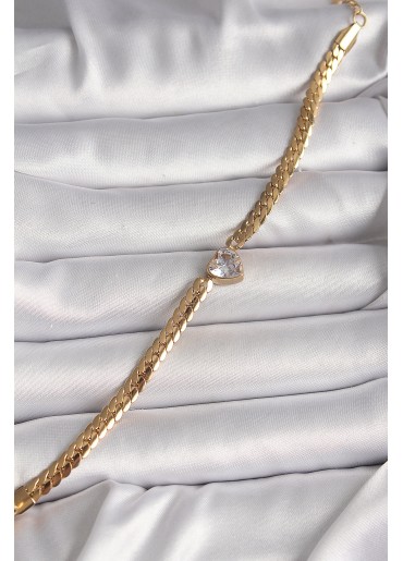 Erb 316L Çelik Gold Renk Yassı Zincir Model Zirkon Taşlı Kalp Figür Kadın Bileklik