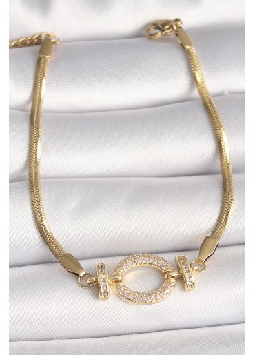 Erb 316L Çelik Gold Renk Italyan Zincir Model Zirkon Taşlı Halka Figür Kadın Bileklik