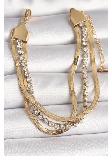 Erb 316L Çelik Gold Renk 2\'Li İtalyan Zincir Model Zirkon Taşlı Kadın Bileklik