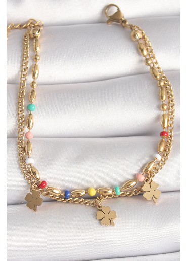 Erb 316L Çelik Gold Renk 2\'Li Zincir Model Sallantı Yonca Figür Kadın Bileklik