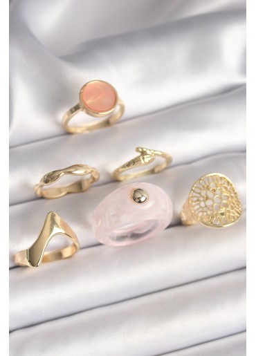 Erb Pirinç Gold Renk Pembe Plastik Yüzük Model Daire Pembe Mine Yılan Detay 6\'Lı Kadın Yüzük Seti