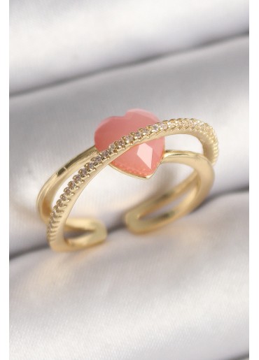 Erb Pirinç Gold Renk Pembe Kristal Kalp Model Zirkon Taş Detaylı Kadın Yüzük