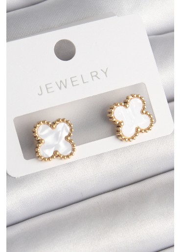 Erb 316L Çelik Gold Renk Beyaz Minelik Yonca Model Kadın Küpe