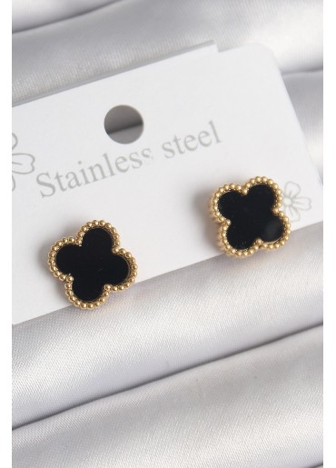 Erb 316L Çelik Gold Renk Siyah Yonca Model Kadın Küpe