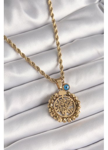 Erb 316L Çelik Gold Renk Burgu Zincir Dorika Yaşam Ağacı Figür Nazar Boncuk Detay Kadın Kolye