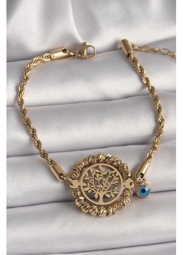 Erb 316L Çelik Gold Renk Burgu Zincir Model Dorika Yaşam Ağacı Figür Nazar Boncuk Detay Kadın Bileklik