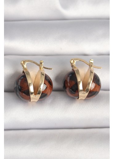 Erb Pirinç Gold Renk Leopar Desen 3D Daire Model Kadın Küpe