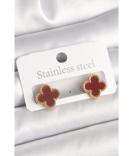 Erb Pirinç Gold Renk Bordo Yonca Model Kadın Küpe