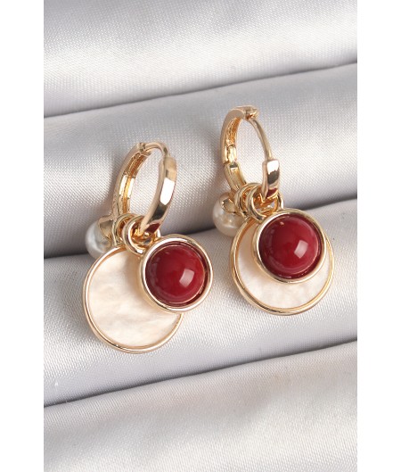 Erb Pirinç Gold Renk Sallantı Beyaz Mineli Bordo Detay Kadın Küpe