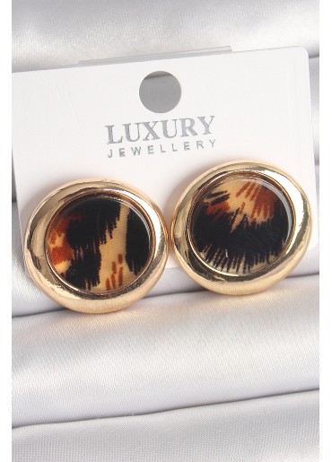 Erb Pirinç Gold Renk Leopar Desen Daire Model Kadın Küpe