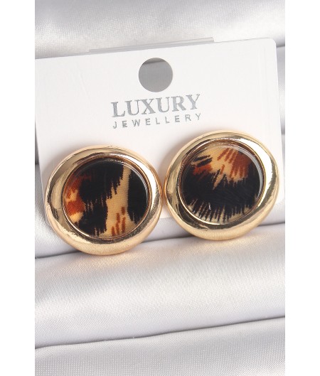 Erb Pirinç Gold Renk Leopar Desen Daire Model Kadın Küpe