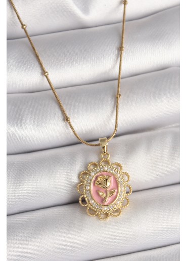Erb 316L Çelik Gold Renk Topçuk Zincir Zirkon Taş Detaylı Pembe Gül İşlemeli Portre Model Kadın Kolye