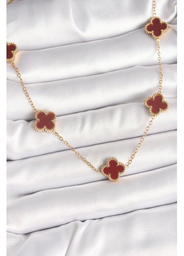 Erb 316L Çelik Gold Renk Zincir Bordo Yonca Model Kadın Kolye