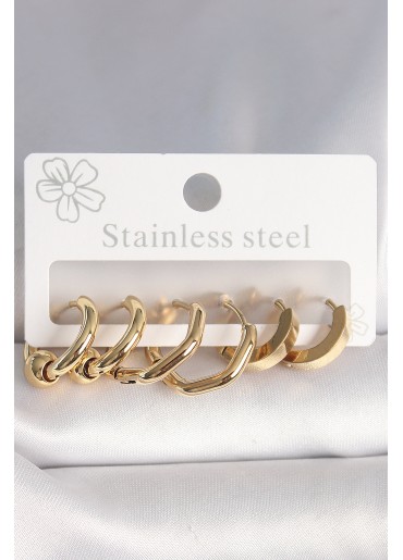 Erb 316L Çelik Gold Renk Altıgen Halka Model Kadın Küpe Seti