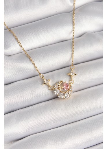 Erb 316L Çelik Gold Renk Zirkon Taşlı Hilal Pembe Kalp Model Kadın Kolye