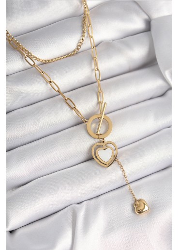 Erb 316L Çelik Gold Renk 2\'Li Zincir Model Sallantı Detay Kadın Kolye