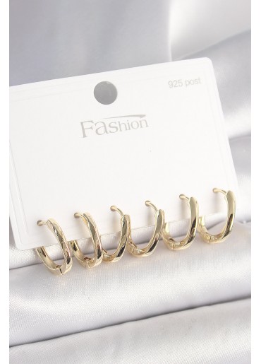 Erb 925 Ayar Gümüş Çivi Pirinç Gold Renk Oval Halka Model Kadın Küpe Seti