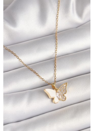 Erb 316L Çelik Gold Renk Zincir Zirkon Taşlı Beyaz Mineli Kelebek Model Kadın Kolye