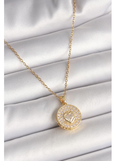 Erb 316L Çelik Gold Renk Zincir Madalyon Zirkon Taşlı Kalp Model Kadın Kolye
