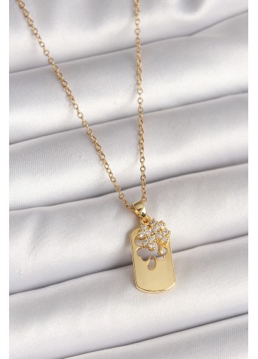 Erb 316L Çelik Gold Renk Zincir Zirkon Taşlı Yonca Model Kadın Kolye