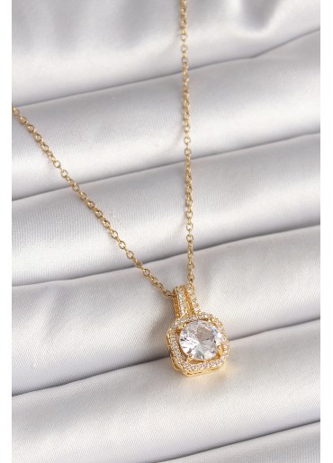 Erb 316L Çelik Gold Renk Zincir Zirkon Taşlı Kare Model Kadın Kolye