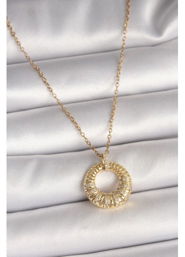 Erb 316L Çelik Gold Renk Zincir Zirkon Taş İşlemeli Daire Model Kadın Kolye