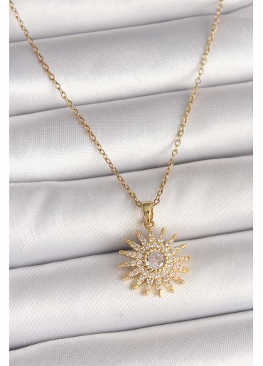 Erb 316L Çelik Gold Renk Zincir Zirkon Taşlı Güneş Model Kadın Kolye