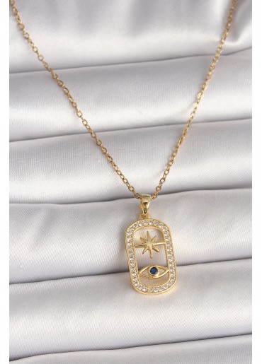 Erb 316L Çelik Gold Renk Zincir Zirkon Taşlı Göz Yıldız Model Kadın Kolye