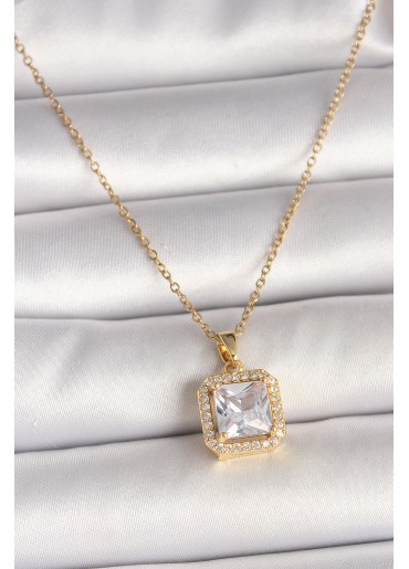 Erb 316L Çelik Gold Renk Zincir Kare Zirkon Taşlı Model Kadın Kolye