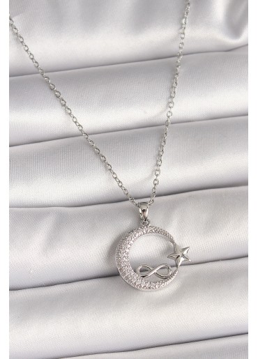 Erb 316L Çelik Gümüş Renk Zincir Zirkon Taşlı Ay Yıldız Model Sonsuzluk Detay Kadın Kolye