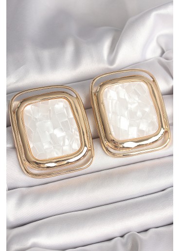 Erb Pirinç Gold Renk Beyaz Mineli Kare Model Kadın Küpe