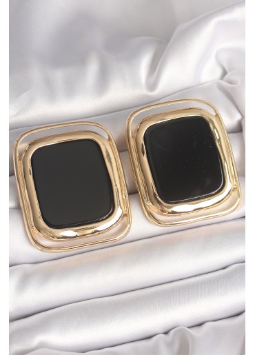 Erb Pirinç Gold Renk Siyah Mineli Kare Model Kadın Küpe