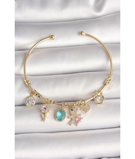 Erb Pirinç Gold Renk Sallantı Zirkon Taşlı AYıcık Figür Kalp Detay Charm Kadın Bileklik Erb Pirinç Gold Renk Sallantı Zirkon Taşlı AYıcık Figür Kalp Detay Charm Kadın Bileklik