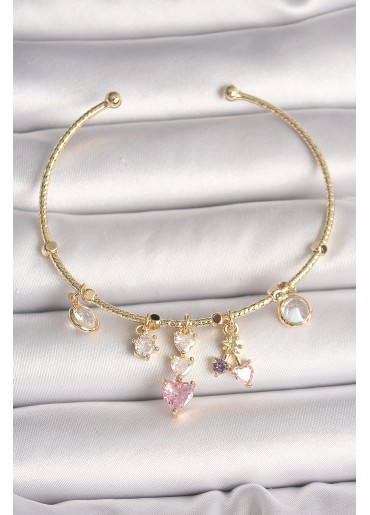 Erb Pirinç Gold Renk Sallantı Zirkon Taşlı Kalp Figür Pembe Kalp Detay Charm Kadın Bileklik