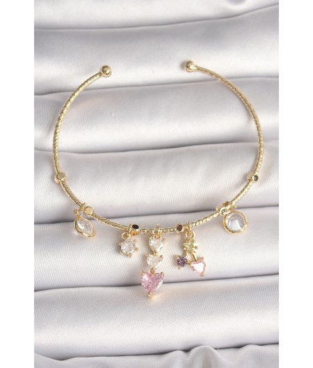 Erb Pirinç Gold Renk Sallantı Zirkon Taşlı Kalp Figür Pembe Kalp Detay Charm Kadın Bileklik