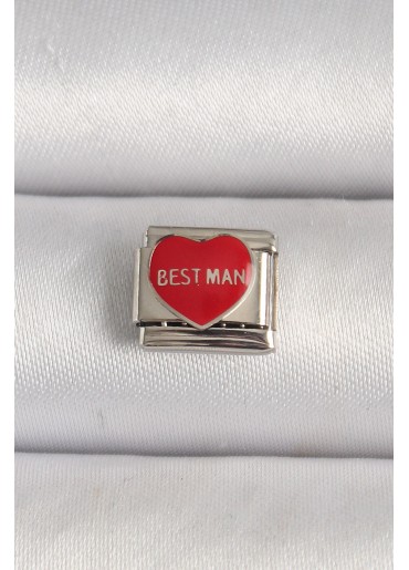 Erb 316L Çelik Gümüş Renk \'Best Man\' Yazılı Kırmızı Kalp İşlemeli Nomination Charm