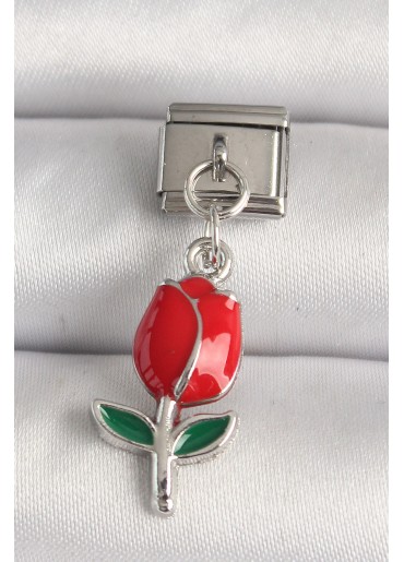 Erb 316L Çelik Gümüş Renk Kırmızı Gül Model Nomination Charm