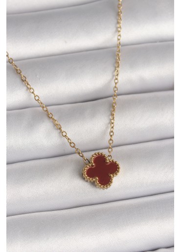 Erb 316L Çelik Gold Renk Bordo Yonca Model Kadın Kolye