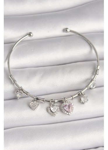 Erb Pirinç Gümüş Renk Sallantı Pembe Zirkon Taşlı Kalp Model Charm Kadın Bileklik
