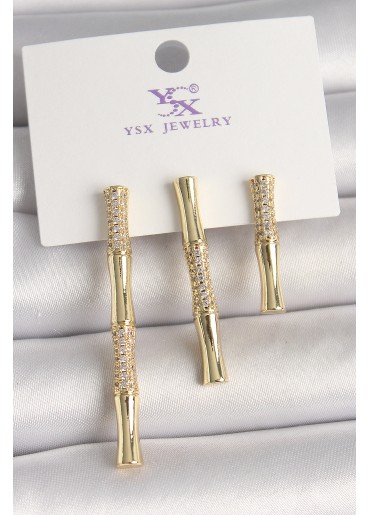 Erb Pirinç Gold Renk Zirkon Taşlı Bambu Model 3\'Lü Kadın Kombin Küpe