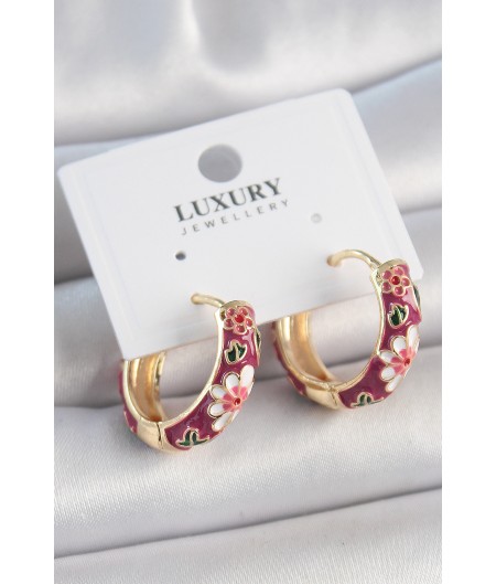 Erb Pirinç Gold Renk Halka Mor Çiçek Mineli Kadın Küpe