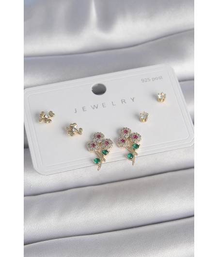 Erb Pirinç Gold Renk Renkli Zirkon Taşlı Çiçek Model Yaprak Detay 925 Ayar Gümüş Çivi Kadın Küpe Seti