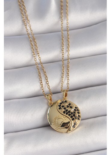 Erb 316L Çelik Gold Renk Zincir Zirkon Taşlı Ying Yang Model Gün Batımı İşlemeli Arkadaşlık Kadın Kolye