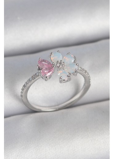 Erb Pirinç Gümüş Renk Beyaz Mineli Pembe Zirkon Taşlı Çiçek Model Kadın Yüzük