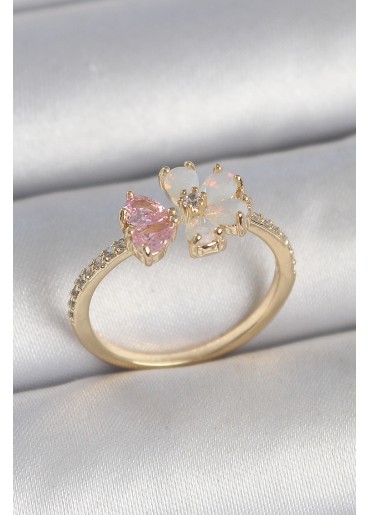 Erb Pirinç Gold Renk Beyaz Mineli Pembe Zirkon Taşlı Çiçek Model Kadın Yüzük